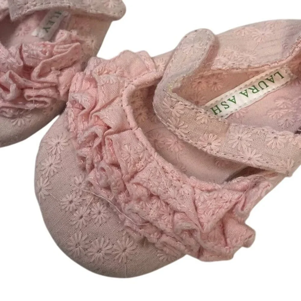 Laura Ashley Baby Girl 6 Mos Eyelet Lacy Pink Mary Jane Fabric Shoes
